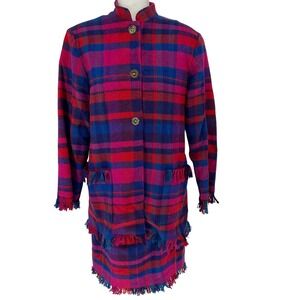 Vintage Plaid Wool Blend Jacket Skirt Set Fringe Size 10 SUCHADA Indie Boho